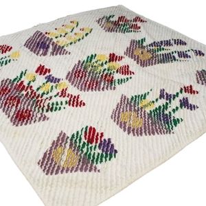 Vtg Handmade Faux Chenille Cotton White Blanket with Multi Colored Floral Design